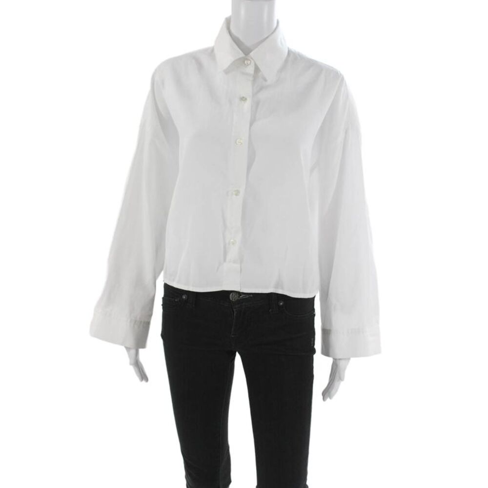The Tile Club Womens Cropped Cotton Button-Up Collared Long Sleeve White Size M